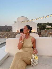 Women's Sexy Cute Casual Elegant Romantic Sparky Dress Mid See Through Knit Dress Beach Cover Up Party Club Maxi Dress Sleeveless Summer Vacation Outfits Clothes Apricot Spring - Apricot - View 5