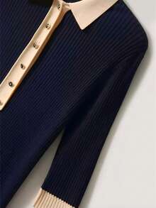 女士春夏复古时尚街头风优雅针织上衣，翻领修身毛衣，半拉链撞色休闲通勤衬衫 - 藏蓝色 - 查看 7