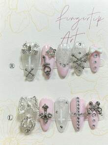 10 Pieces Y2K Pink Gyaru French Almond Handmade Press On Nails 3D Butterfly Star Cross Diamond Fake Nails Cute Bow Silver Glitter Nail Art Nail Supplies(1 Sheets Jelly Stickers+1PC Nail File) Handmade Press On Nails - Pink - View 4