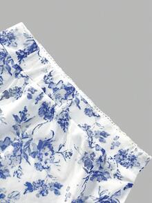 Women's Spring/Summer Chinoiserie Print Ruffle Hem Elastic Mesh Skirt, Casual Everyday/Vacation/Party Wear - Blue and White - View 5