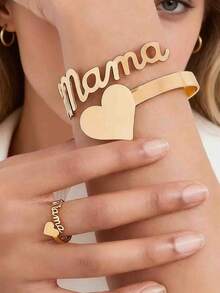 1 Set Mama Letter Bracelet & Ring Set, Fashion, Minimalist, Elegant, Versatile - MAMA Love - View 1