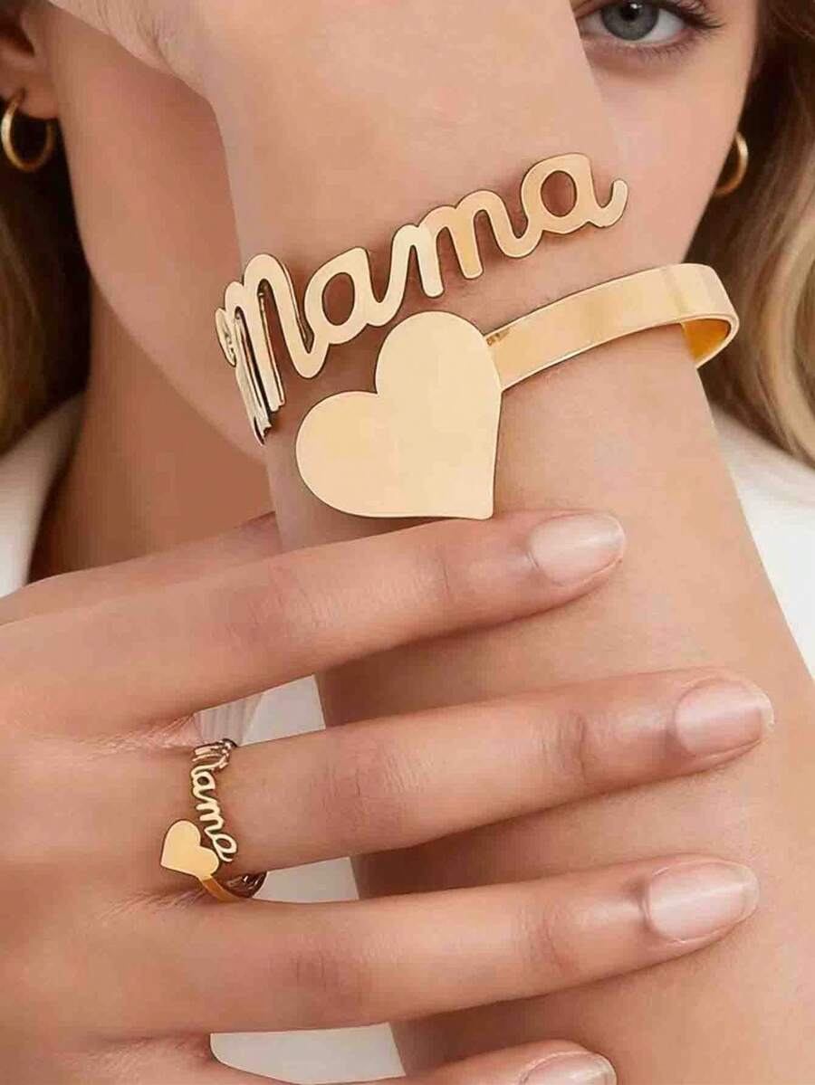 1 Set Mama Letter Bracelet & Ring Set, Fashion, Minimalist, Elegant, Versatile - MAMA Love - View 1