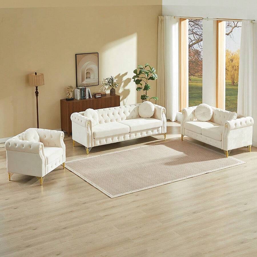 YOGLAD Modern Velvet Chesterfield Modular Sofa Couch Set With Tufted Button Back, Copper Stud Trim, Metal Legs & Decorative Armrest Rings, Spring Cushion Living Room Sofa, Single Seat, Loveseat & 3 Seater Upholstered Couch For Home Apartment - 米色 - 查看 1