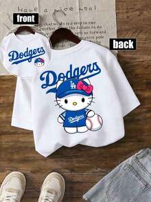 SANRIO Tiny Trove X  LA Dodgers Baseball Tee For Kids – Unisex 2-14 Years Soft Polyester (Polyester) T-Shirt With Cute Cartoon Print Spring Summer Casual Wear Cute Round Neck Casual Summer Fun Top, Moisture Wicking, Boys And Girls Can Wear, As A Holiday Gift For Children. - 白色 - 查看 1