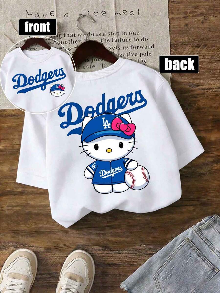 SANRIO Tiny Trove X  LA Dodgers Baseball Tee For Kids – Unisex 2-14 Years Soft Polyester (Polyester) T-Shirt With Cute Cartoon Print Spring Summer Casual Wear Cute Round Neck Casual Summer Fun Top, Moisture Wicking, Boys And Girls Can Wear, As A Holiday Gift For Children. - 白色 - 查看 1