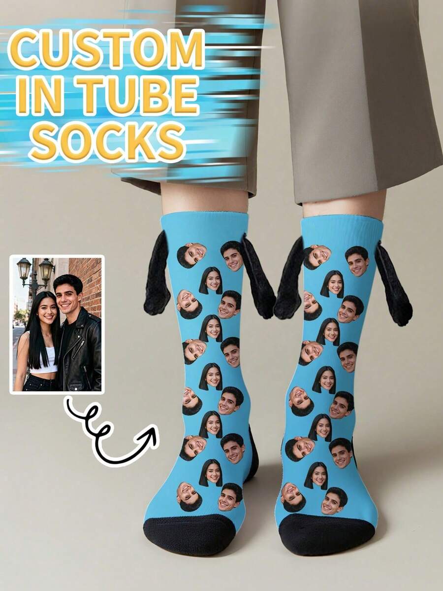 1 Pair Of Customized Face Children's Mid Tube Holding Hands Series Medium Socks, Put Any Face On The Socks, Personalized Socks With Photos, Interesting Customized Pictures With Medium Stockings, Suitable For Valentine's Day, Birthday, Gift Giving And Other Occasions, Personalized - Multicolor - View 1