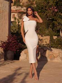 ADYCE Solid Color Strapless Bowknot Decor Slit Back Mid-Length Cocktail Party Dress, White Elegant Semi-Formal Wedding Guest Dress, Suitable For Birthday, Dinner, Homecoming, Summer Prom, Graduation, New Year And Other Occasions - White - View 7