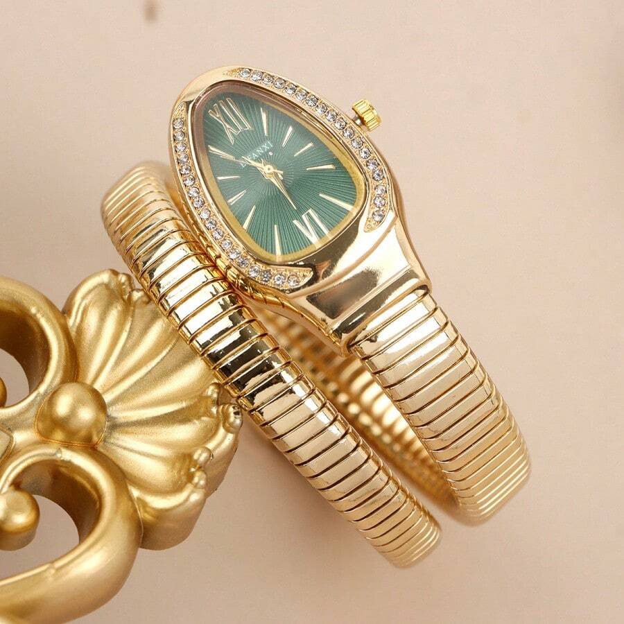 Vintage Mechanical Snake Design Bracelet Watch, European Style Oval Dial Wristwatch With Rhinestones, Stainless Steel Band Unisex Watch - 金,綠錶盤 - 查看 1