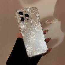 1pc Fashionable White Line Floral Minimalist Pattern Luxury Glitter Transparent Full Coverage TPU Shockproof Phone Case Compatible With Iphone 11 12 13 14 15 16 17 Pro Max - White - View 2