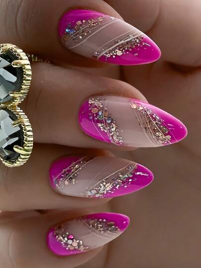 24 piezas de uñas postizas de almendra francesa minimalista con rayas fucsia y blancas con brillo, aptas para el trabajo y el uso diario, incluye gel de gelatina y lima de uñas