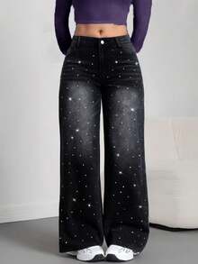 Quần jeans ống rộng rách dáng nhỏ nhắn dành cho nữ với họa tiết thêu hình thoi - Lý tưởng cho phụ nữ nhỏ nhắn, thiết kế túi khóa kéo dễ thương, phù hợp cho các dịp tiệc tùng, màu đen mùa xuân. - màu đen - Xem 2