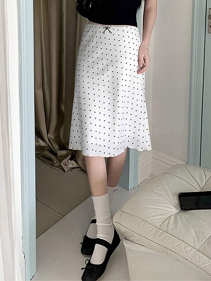 2026 Summer White Black Polka Dot Midi Skirt - Elegant Pure Yurty Sweet Casual Street High-Waist A-Line Flowy Hem Mini Bow Detail Ladies Skirt , Perfect For Valentine's Day/Women's Day/Mother's Day - Black and White - View 1