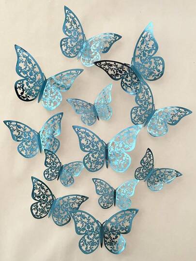 12pcs 3D Hollow Butterfly Wall Stickers Decor, Made Of PVC Plastic, Suitable For Home, Party, Wedding, Birthday, Graduation, Patriotic Holidays, Christmas Decoration, No Power Required