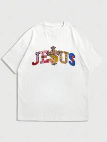 Men's Fashionable Casual Street Style Rock And Rapper Loose Short-Sleeve T-Shirt | West Coast Style | Gold Diamond Cross & Logo Letter Print | Exquisite Design | Spring/Summer Must-Have | Versatile And Easy To Wear, Showcasing Your Personal Style - White - View 4