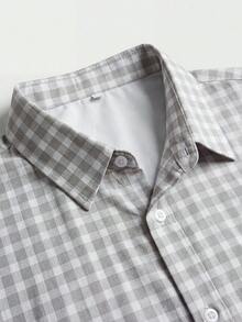 男士宽松格子衬衫，灰白格纹短袖上衣，简约美学设计，必备单品 - 彩色 - 查看 4