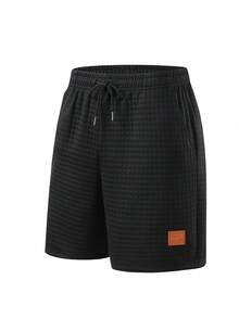 Men's Black Plaid Shorts With Elastic Drawstring Waist And Leather Patch, Casual Summer Home & Street Wear - Black - View 1