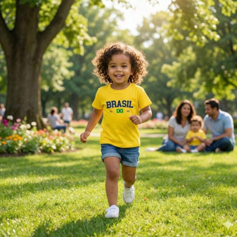 Girls' And Boys' Printed T-Shirt With Brazil Print, 100% Cotton. T-Shirt/Blouse/World Cup Design. - 黃色 - 查看 1
