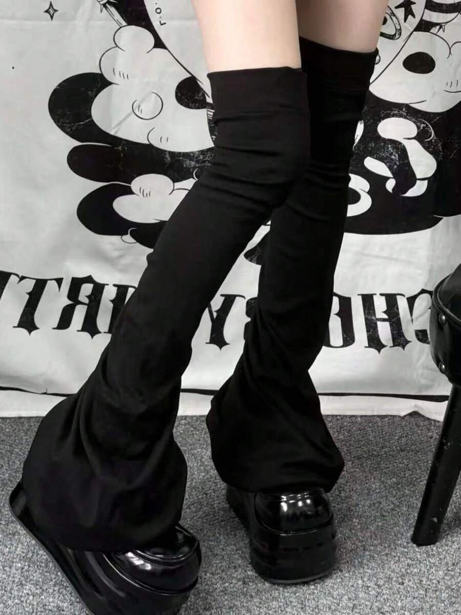 1 Pair Y2K Japanese Style Leg Warmers, Grey Slimming Knee High Leg Warmers With Drawstring Tie For Women, Versatile Flared Leg Warmers - Long Knit - View 1