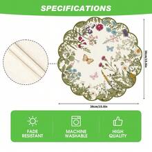 1 pieza/Set Mantel individual redondo de lino con estampado floral y de mariposas en verde, de 38cm, decoración de mesa de cocina y comedor de temporada, decoración del hogar de primavera, boda - Multicolor - Ver 4