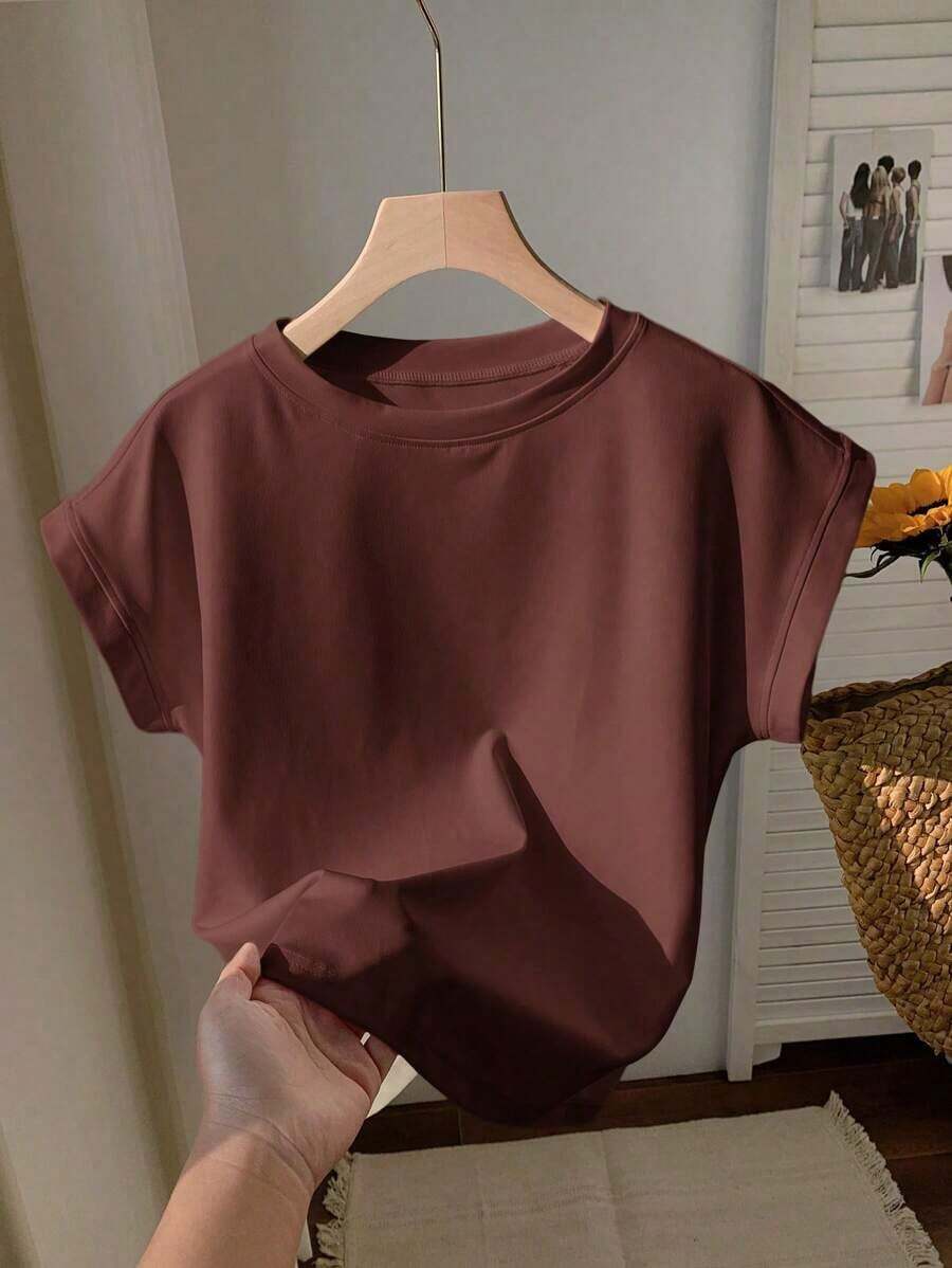 2026 SUMMER TopComfortcana Women's Casual Coffee Brown Round Neck Short Sleeve T-Shirt, SummerLoose And Comfortableshirt - 咖啡棕 - 查看 1