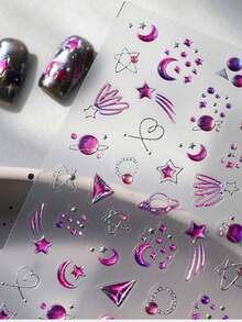 1片紫色星球、月亮、星星、银色果冻五芒星、天使翅膀5D星空梦幻美甲贴纸，自粘式美甲装饰配件，适合女性和女孩的美甲用品 - 彩色 - 查看 4