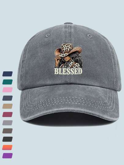 1pc Vintage Women's Baseball Cap, Cartoon Denim Design Print Washed Retro Baseball Cap, Fashionable Unisex Outdoor Hat, Adjustable Size, Suitable For All Seasons