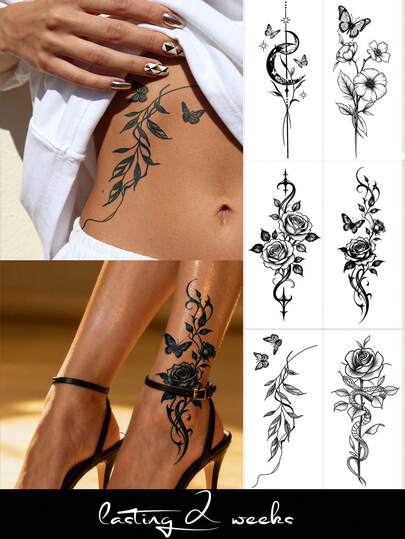 1pc Herbal Juice Semi-Permanent Tattoo, Realistic Temporary Tattoos With Nature-Inspired Designs Like Plants, Vines, Flowers, Butterflies, Moons, Stars For Music Festivals, Lasts 7-14 Days, Waterproof, Non-Reflective Tattoo Sticker For Arms, Waist, Legs, Shoulders, Neck, Collarbone