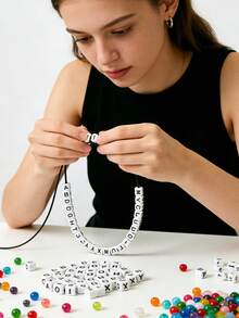 100/1000pcs/Pack White Background Black Letter Beads, 6mm Acrylic English Alphabet Square Letter Beads DIY Jewelry Making Accessories, Decorative Supplies | Overflowing Beads | Durable Bead Material For Jewelry Making - Black and White - View 3