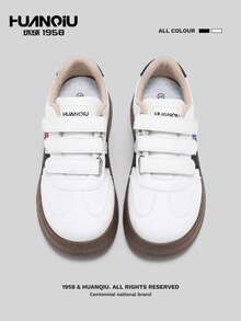 HUANQIU Women's Casual Sneakers, Hook And Loop Closure, Minimalist Design, White Shoes, Soft Sole, Platform - Black and White - View 4