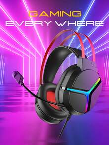 GX3 有线游戏耳机，带 RGB 灯光、环绕立体声、降噪麦克风，高性能 PC 游戏耳机 - 黑色 - 查看 6