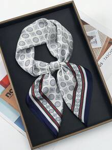 1pc Women's Geometric Pattern Bandana, Fashionable High-End Minimalist Headscarf/Neckerchief - Navy Blue, Red and White - View 2