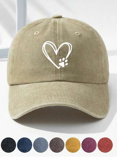MAKEFGE 1pc Vintage WashedBaseball Cap With Heart & Claw Print,Breathable Adjustable Sun Hat StreetValentine's Day Valentines