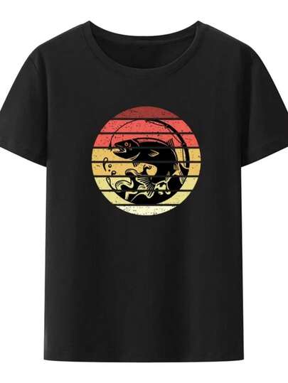 Fishing Retro Vintage Printed T-Shirt  Tee Poleras Mujer Character Women Clothing Loose Roupas Blusa Letters Cute Nostalgia