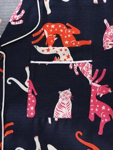 2 piezas Conjunto de pijama de mujer con top de manga corta con botones y cuello en V con estampado de gato y pantalones, conjunto de ropa de dormir de verano, cómodo para usar en casa. - Azul Marino - Ver 5