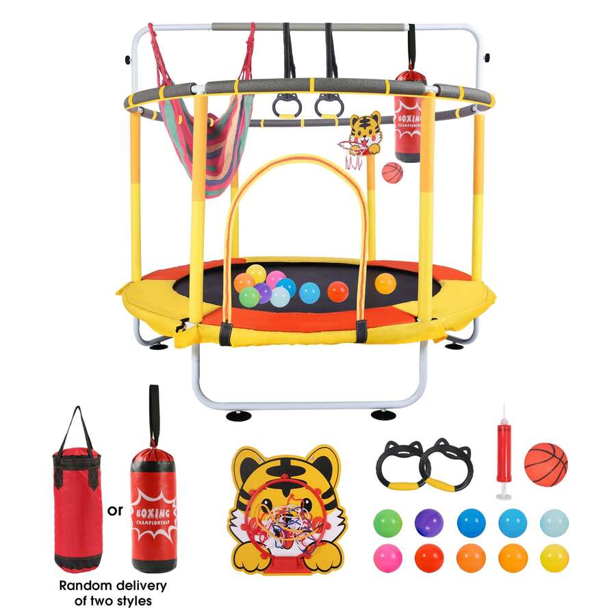 60 Inch Children's Trampoline With Fence, Equipped With Basketball Hoop And Net, Suitable For Both Indoor And Outdoor Occasions - Christmas Day Gift Special Baby Shower Gifts For Guest - Màu vàng - Xem 1