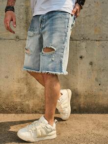 Light Blue Distressed Denim Shorts For Men, Loose Straight Leg Casual Shorts, Summer - Light Wash - View 4