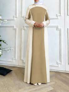 春季新款斋月休闲长裙，米色和浅棕色拼接圆领，优雅大方，适合日常出行和轻度社交场合。 - 彩色 - 查看 3