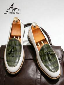 Salkin Classic Retro Men's Slip-On Loafers With Tassels, Elegant Gentleman's Leather Shoes With Luxurious And Soft Comfortable Feel, Suitable For Casual, Business, Formal Occasions Like School, Graduation, Office, Party, Wedding. Please Order One Size Up As The Sizing Runs Small, Suitable For Spring, Summer, Autumn Formal/Business Formal - Tassel Plaid Loafers - View 7