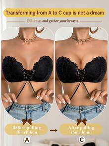 mimilemon 女士黑色蕾丝无肩带钢圈文胸 - 抽绳收拢设计，透气舒适，适合度假穿着 - 黑色 - 查看 11