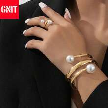 GNIT Multi-Element Combination Set With Geometric Patterns, Orderly Textures & Pearl Ball-Style Design – Niche Aesthetic, Sweet-Cool Mix-Match, Layered Water-Drop Stackable Style, Multi-Wrap Design - Pearl Bangle and Ring - View 1