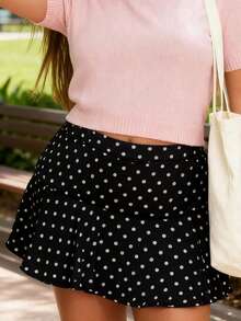 Women's Plus Size Mini Skirts Fashionable Dot Print Mid Rise Pleated Hem Going Out Skirt - Black - View 8