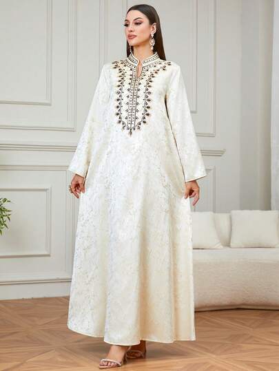 Elegant Women's Ramadan Long Kaftan Dress, Jacquard Fabric With Beaded & Embroidered V-Neck, Suitable For Eid Celebration, Dinner Dates, And Everyday Wear