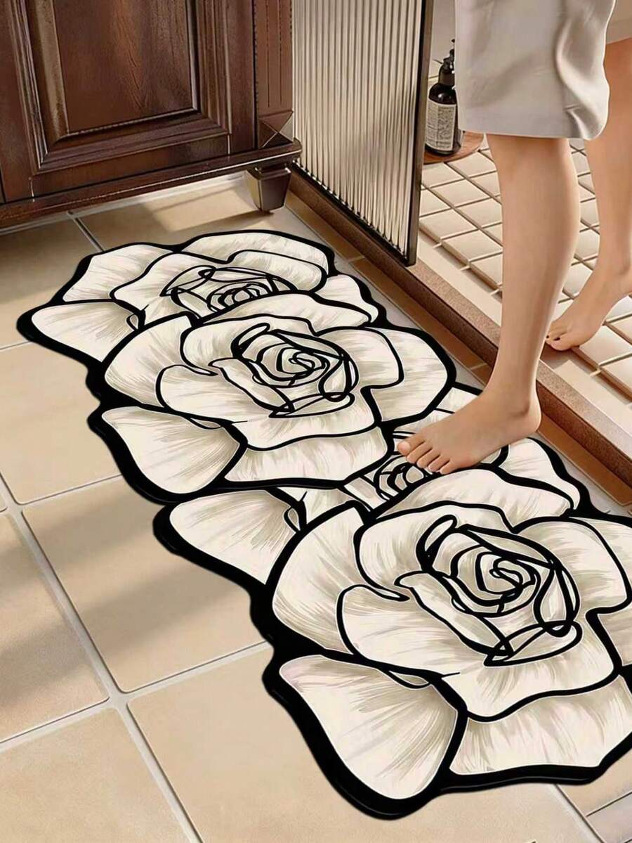 1 pieza Alfombra de baño con rosa blanca, alfombra de baño, felpudo, alfombra pequeña, alfombra, alfombra de piso, decoración del hogar, alfombra de área, alfombra de exterior, decoración del hogar, alfombra de área, alfombra de dormitorio, alfombra lavable