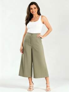 Women's Linen Capri Midi Pantacourt Trousers With Buttons, Wide Leg, Flare, High Waist, Casual Style - 苔蘚綠 - 查看 1
