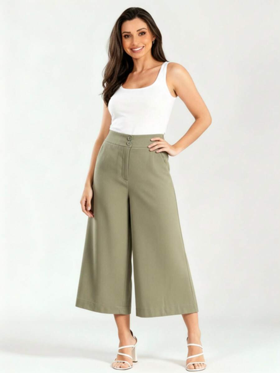 Women's Linen Capri Midi Pantacourt Trousers With Buttons, Wide Leg, Flare, High Waist, Casual Style - 苔蘚綠 - 查看 1
