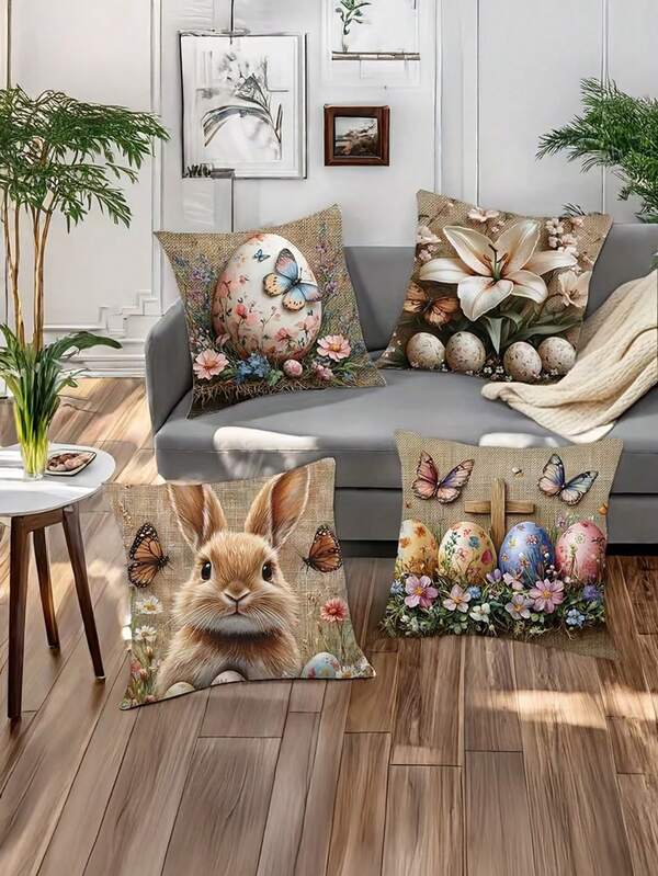 Easter-Themed 4pcs Pillowcase Set, Soft Polyester, Zipper Closure, 17.7" X 17.7", Ideal For Home Sofa And Bedroom Decor, Sofa For Living Room, Beautiful And Practical, Home Accessories