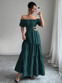 Vacation Style Denim Effect Off Shoulder Backless Tie-Up Dress For Women, Summer Spring - Dark Green - View 5