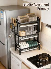 3-Tier Over Sink Heavy Duty Stainless Steel Dish Drying Rack, Rustproof Extra-Large Capacity Non-Slip Kitchen Counter Organizer, Removable Drainboard With Utensil Knife Cup Cutting Board Holder, Space-Saving Easy To Clean Kitchen Orangizer | Organozador Cocina Kitchen Essentials - Màu đen (Phiên bản dày hơn) - Xem 5