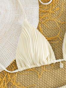 Summer Sweet Textured Fabric Tie-Up Solid Color Spaghetti Strap Sexy Bikini Swimwear 2 Pieces Set Vacation Beach - Apricot - View 5