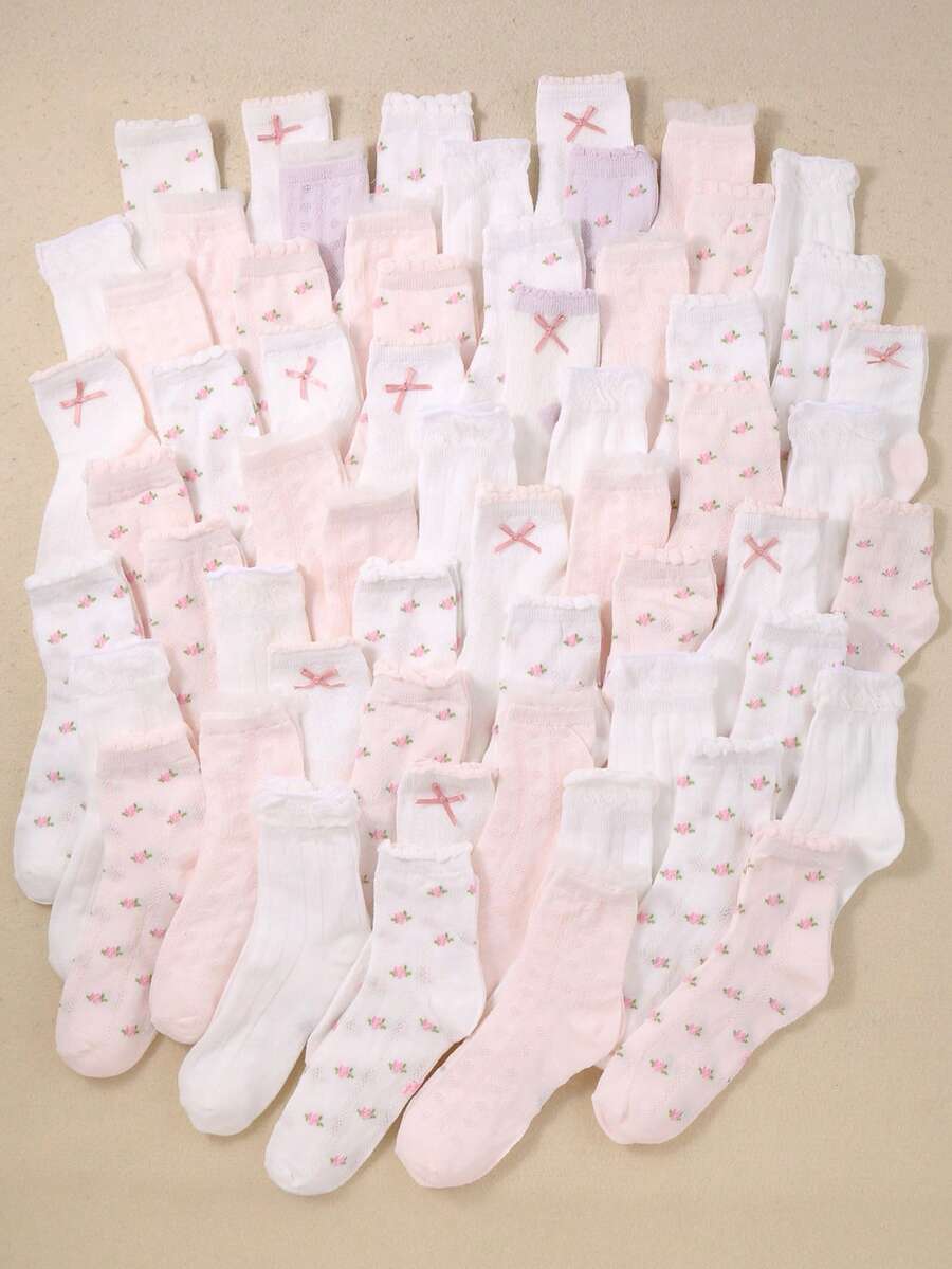 5/10/20 Pairs Girls White Knee High & Ankle Socks With Bow, Floral, Striped Designs, Breathable Soft Mesh, Suitable For 1-16 Years Old Children - Multicolor - View 1